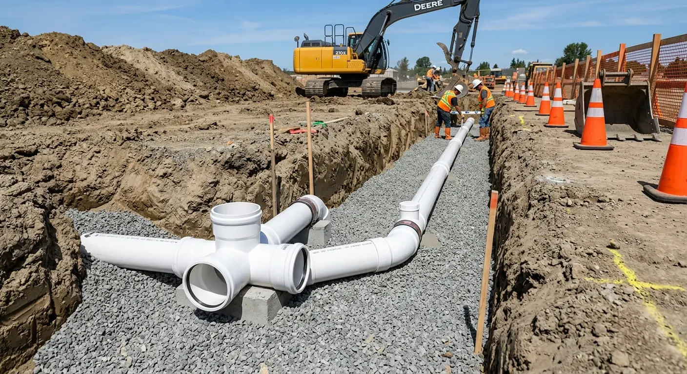 New PVC sewer pipe installation in open trench for Sewer Backup in Rose Hill