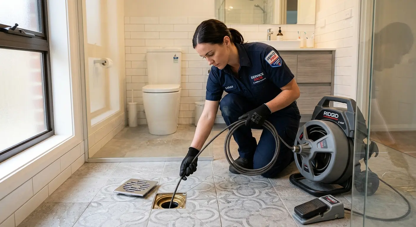 Technician clearing a bathroom floor drain for Hydro Jetting in Rose Hill